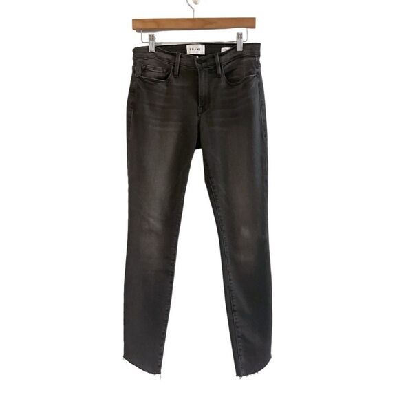 Frame Le Skinny de Jeanne Raw Hem Ankle Jeans in Black Grey Kinder, Size 28 - Picture 5 of 13